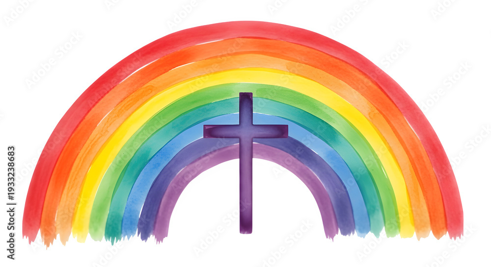 Fototapeta premium Vibrant rainbow with a cross isolated on transparent background symbolizing hope and faith