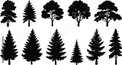 Tree silhouette vector collection, pine, oak, forest, evergreen design elements for nature themes, black tree icons for illustrations