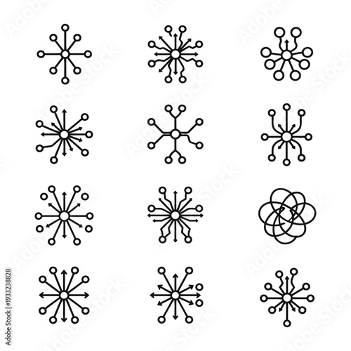 Various black line drawings of interconnected nodes and networks on a white background.