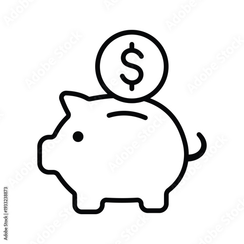 Piggy bank icon with dollar coin symbol for savings and financial planning growth wealth accumulation banking economy investment concept black line art vector illustration isolated on white background