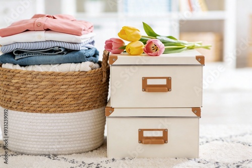 Cozy home interior with a woven basket of neatly folded clothes beside two cream storage boxes with label handles; spring tulips rest on top, suggesting fresh organization and seasonal cleaning.