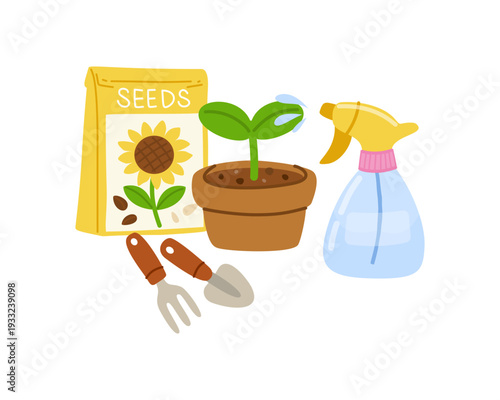 Sunflower seeds packet, seeding in pot, spray bottle and garden tools flat vector illustration for spring, summer and farm design.