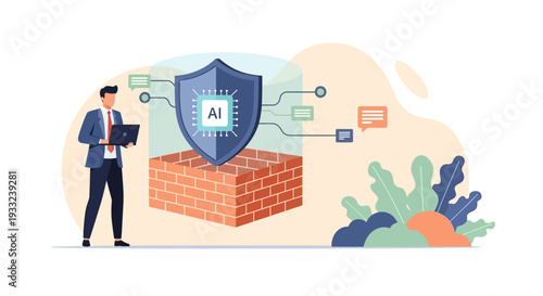 Man standing with tablet near AI shield.