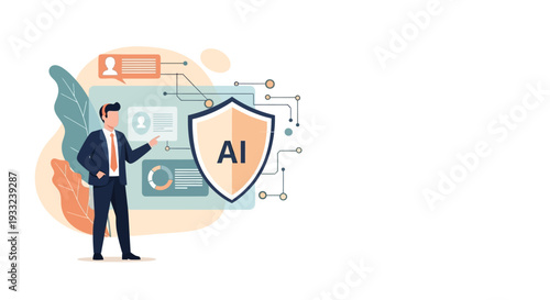 Man standing next to AI shield graphic.