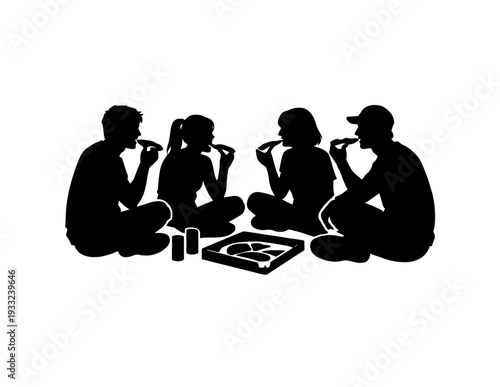 Group of Four People Eating Pizza Silhouette Vector