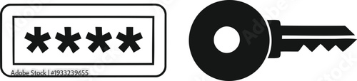 Black and white icon of a smartphone with four obscenities next to a large key isolated on transparent background