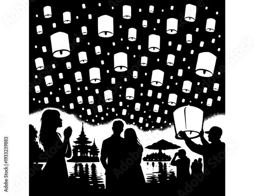 Black and white vector illustration of people releasing sky lanterns at night
