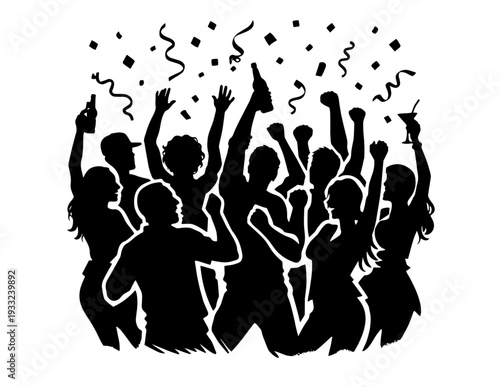 Group of people celebrating with confetti and drinks black silhouette vector