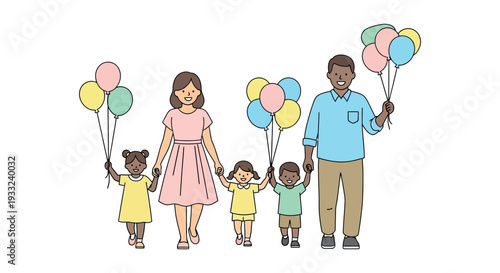 Wallpaper Mural Happy diverse family walking together with colorful balloons on a sunny day Torontodigital.ca