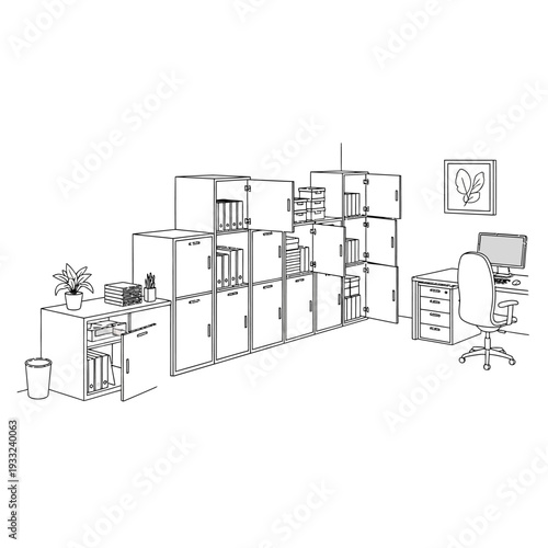 Detailed illustration of an organized office interior with modular storage units and a workspace.