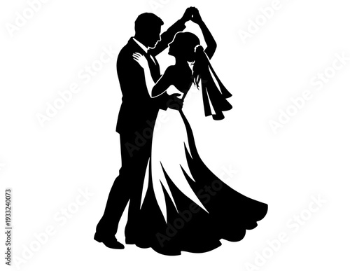 Black Silhouette of Bride and Groom Dancing Vector