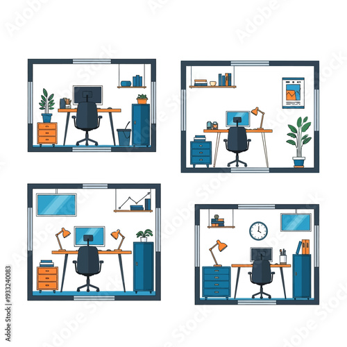 Four different home office setups with desks, chairs, computers, and plants.