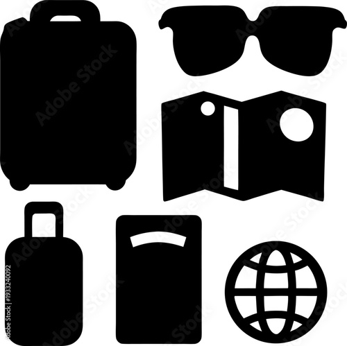 Essential travel accessories and items displayed in a minimalist black and white style.