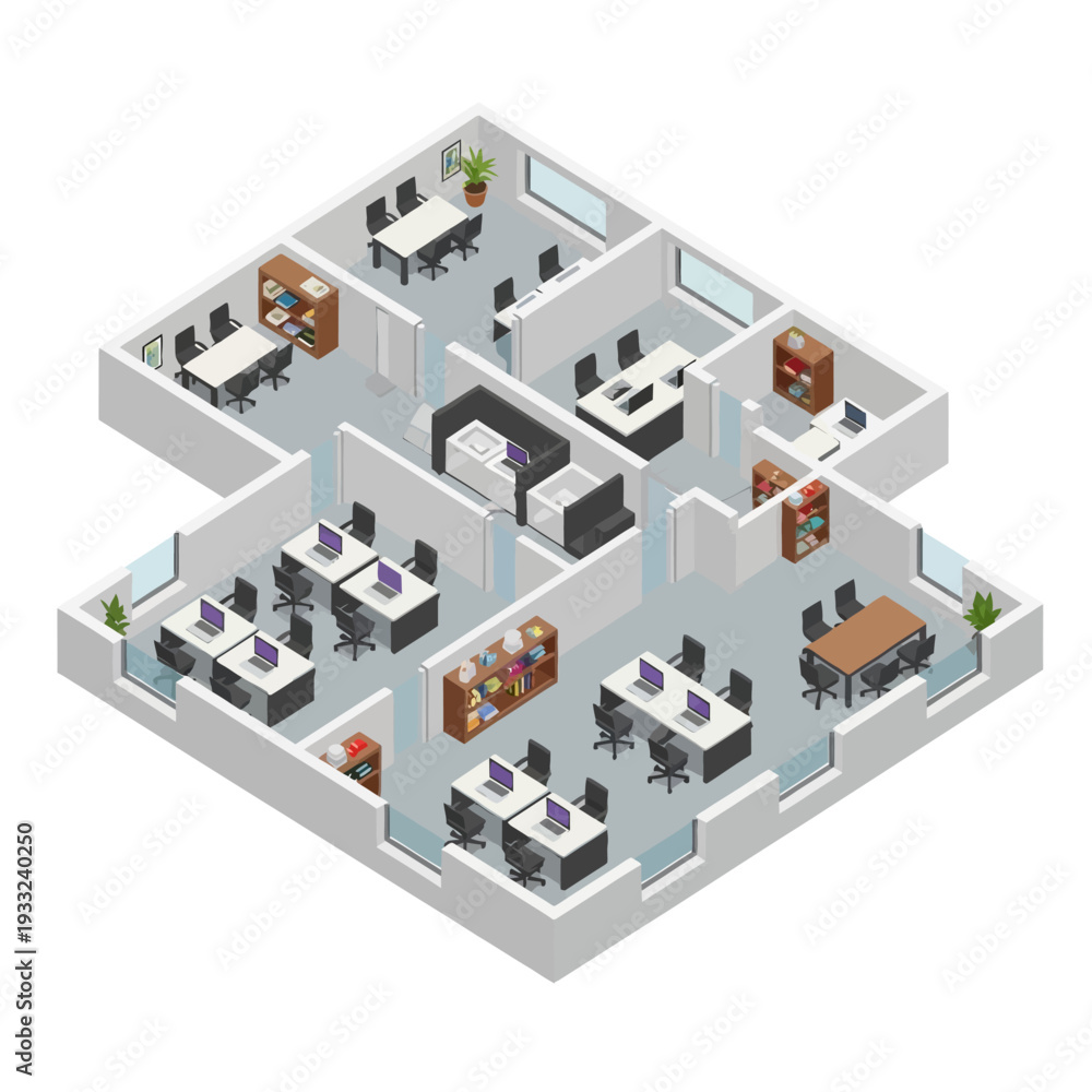 Fototapeta premium Isometric Office Floor Plan with Workspaces and Meeting Areas.