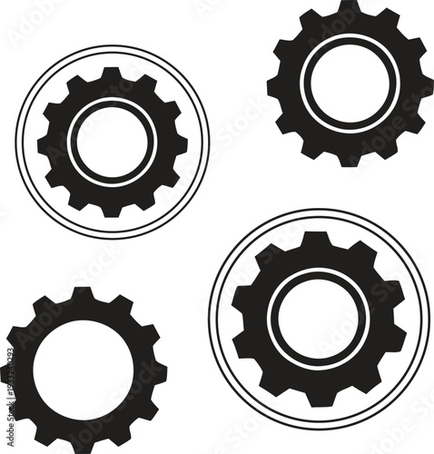 Four black gear icons isolated on transparent background