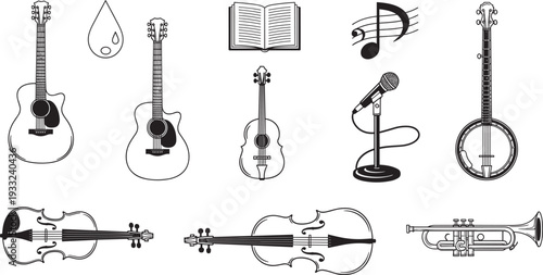 Black silhouette set of musical instruments including acoustic guitars, violin, trumpet, banjo, microphone, music notes, cad drawing flat vector illustration.