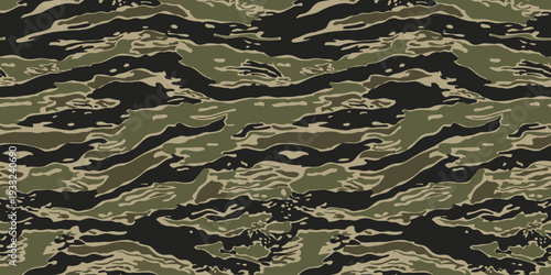 Green and Black Tiger Stripe Camouflage Pattern Military Tactical Fabric Texture, vector modern print, seamless fabric texture.