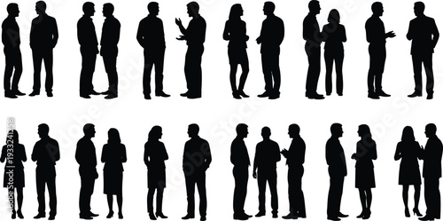 Black-and-white vector silhouette illustration of multiple pairs of people engaged in conversation with varied gestures, symbolizing communication, interaction, dialogue, and social themes