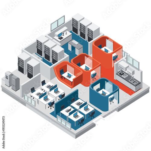 Isometric view of a modern office space with various workstations and server rooms.