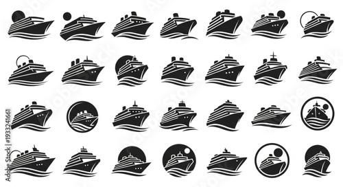 Collection of various cruise ship illustrations in black and white, perfect for design.