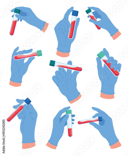 Hands of lab worker wearing medical gloves holding blood samples in test tubes. Laboratory analysis. Diagnostic examination. Glass flask in doctor arm palm. Bloody