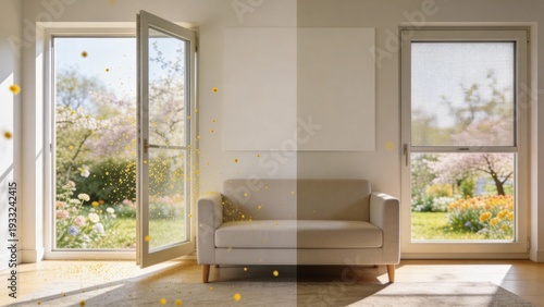 Sunny living room with open patio door letting yellow pollen particles drift inside; adjacent window shows mesh screen blocking allergens, comparing indoor air protection in spring.