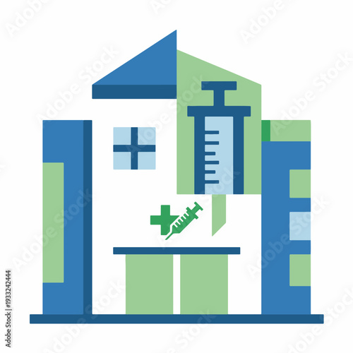 Medical clinic building exterior with syringe illustration