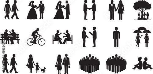 Black silhouette set of people in various life situations including wedding, walking, cycling, business meeting, family, cad drawing flat vector illustration.