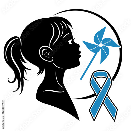 Young girl silhouette with pinwheel and blue awareness ribbon  