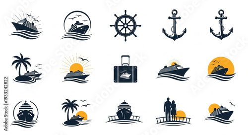 Collection of nautical themed illustrations featuring ships, anchors, and travel elements.