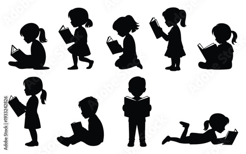 Silhouette of a girl and boy, reading a book, black vector illustration of children learning, educational and reading themed design for school, library, literacy, and parenting projects.