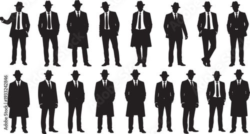 Black silhouette set of professional men wearing suits and hats, standing in various formal poses, cad drawing flat vector illustration.