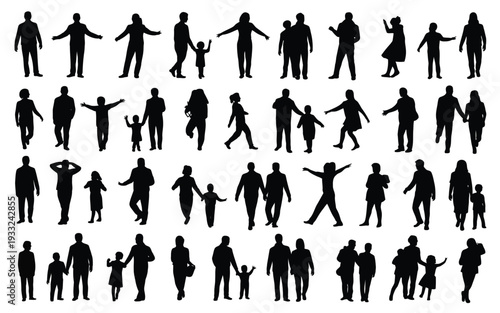 Family silhouettes vector collection, parents and children in various poses, black outline figures for lifestyle, parenting, community, and social design projects, illustrations for happy family theme