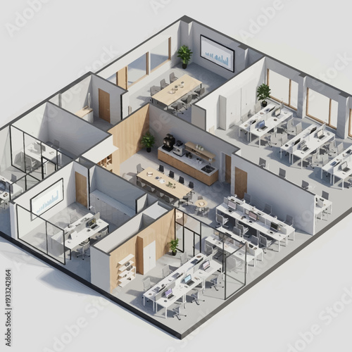 Modern Office Floor Plan with Open Workspaces and Conference Rooms.