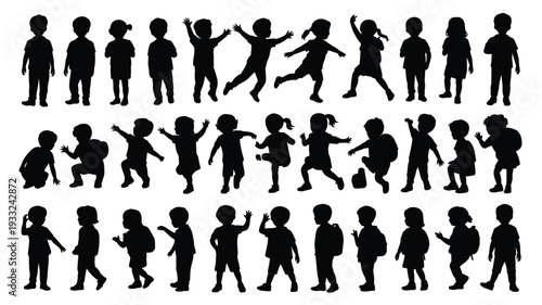 Kids silhouettes vector collection, playful children in various active poses black outline artwork, dynamic child figures set for school, playground, family, and community design projects.