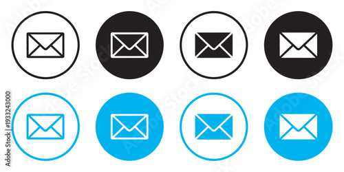 Email Envelope Icon Collection, Blue Black Colors, Mail Symbol Set, Line Silhouette Style, Envelope Message Buttons, Notification New Message Vector
