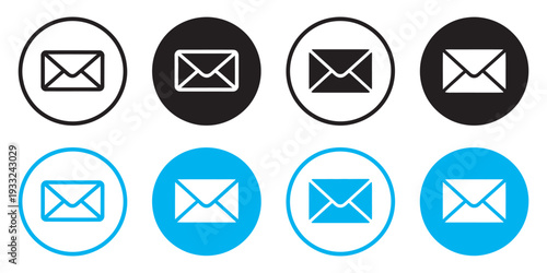 Email Envelope Icons Set, Blue and Black Mail Symbols, Line and Silhouette Style, Envelope Message Buttons, New Message Notification Vector