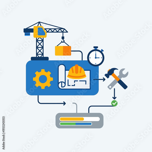Industrial construction process with tools.