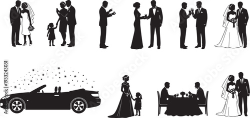 Black silhouette set of wedding couples, romantic dates, family moments, and luxury car, cad drawing flat vector illustration, isolated.