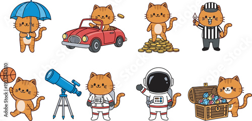 Cute ginger cat character set including astronaut, car driver, basketball player, telescope, treasure chest, cad drawing flat vector illustration, isolated.