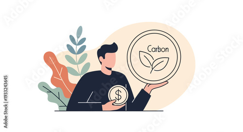 Man Holding Coin with Dollar Sign and Carbon Label.