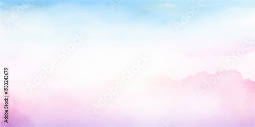 A beautiful abstract watercolor background depicts a bright sunny day with fluffy white clouds floating across a clear blue summer sky and light sunlight in a colorful nature landscape