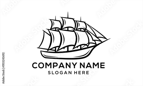 Classic Sailing Ship Logo Design with Detailed Masts and Sails.
