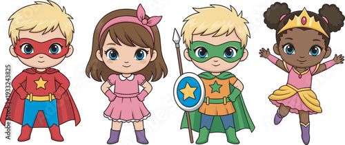 Cute kids superhero and princess costumes cad drawing flat vector illustration group of diverse children in party masks isolated set