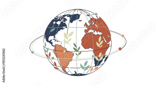 Illustrated Globe with Leaves and Rings.