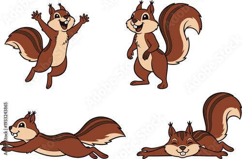 Cute cartoon squirrel character set showing playful poses, funny animal mascot collection, adorable woodland rodent illustration, vector clipart isolated on white background