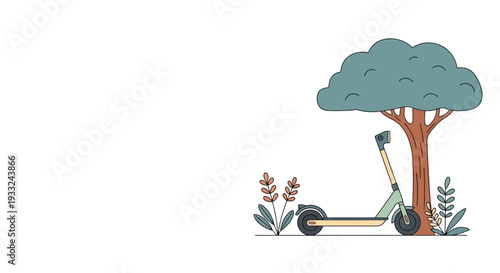Lawn Mower Under Tree Cartoon Illustration.