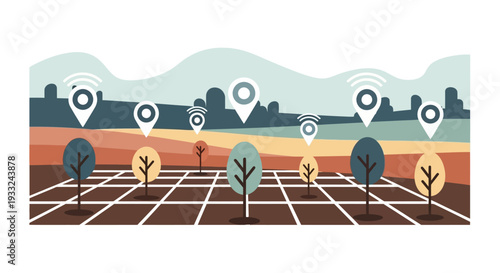 Smart Agriculture with Location Pins and Trees.