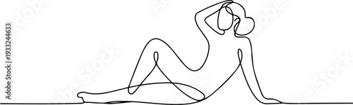 Continuous line drawing of a woman relaxing on the floor in a serene environment from a top viewpoint