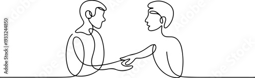 Two men shaking hands in a business meeting, symbolizing partnership and agreement, viewed from the side in a simple illustration.